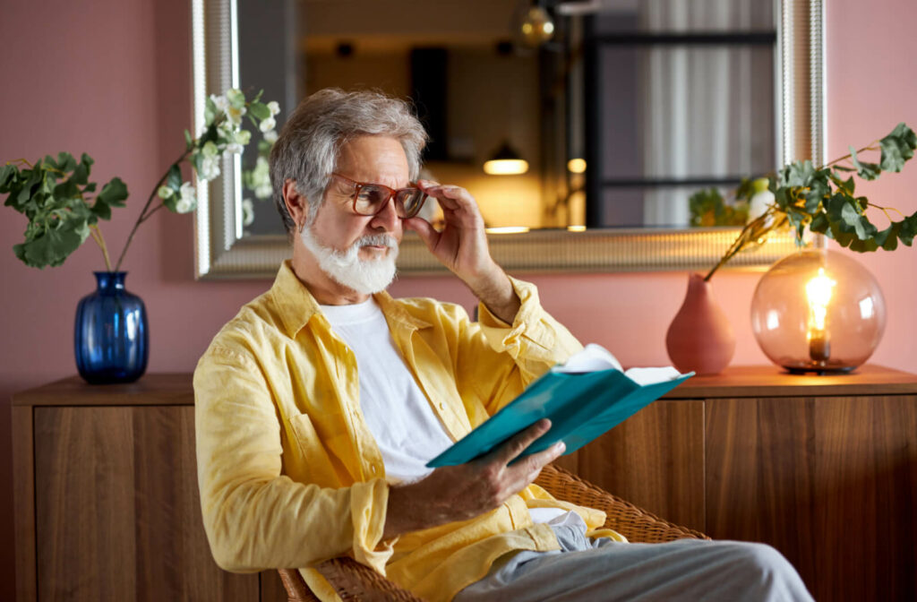 An elderly man with white hair is sitting on a chair and  wearing glasses with bifocal lenses while reading a book.