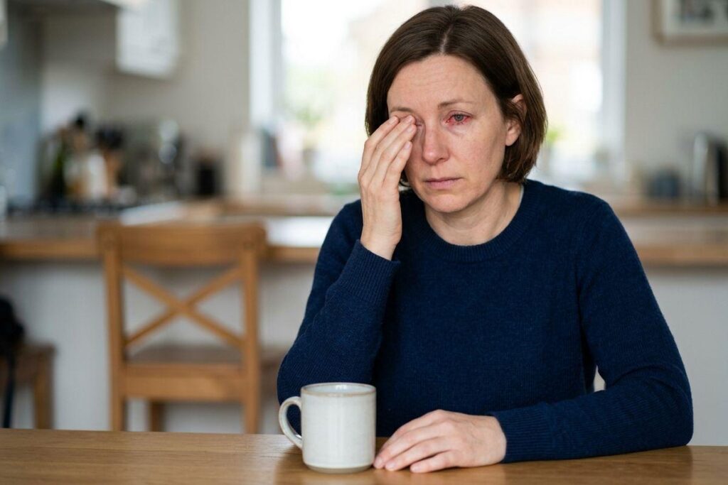 A person holding their irritated eye while struggling with visible eye redness and discomfort.