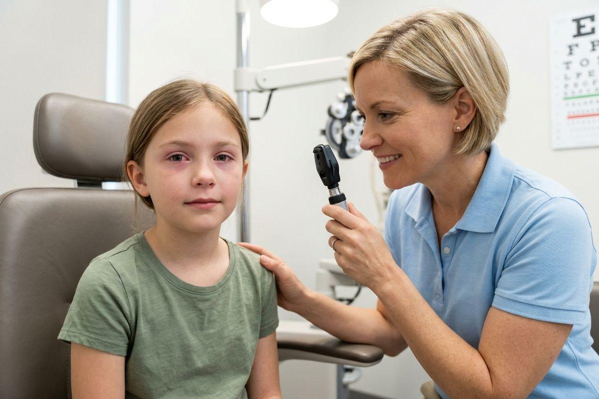 Close-up of a person's eye showing redness and irritation typical of a pink eye infection.