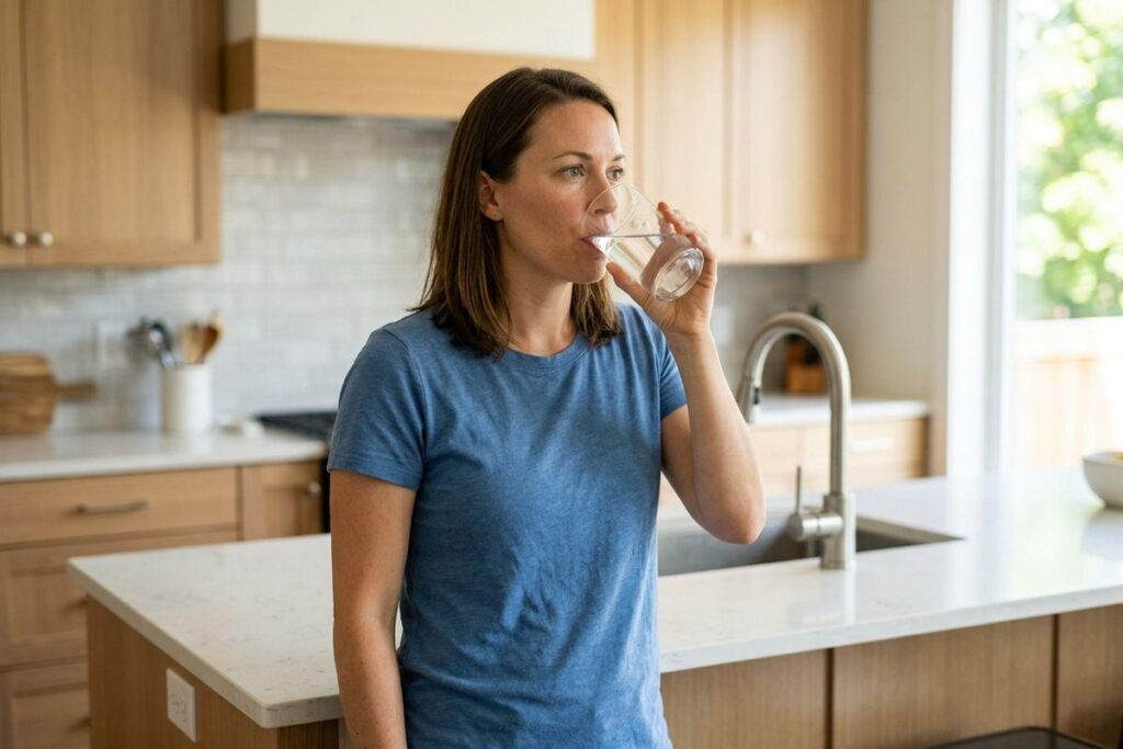 Person drinking a glass of water in a kitchen to maintain hydration for preventative eye care.