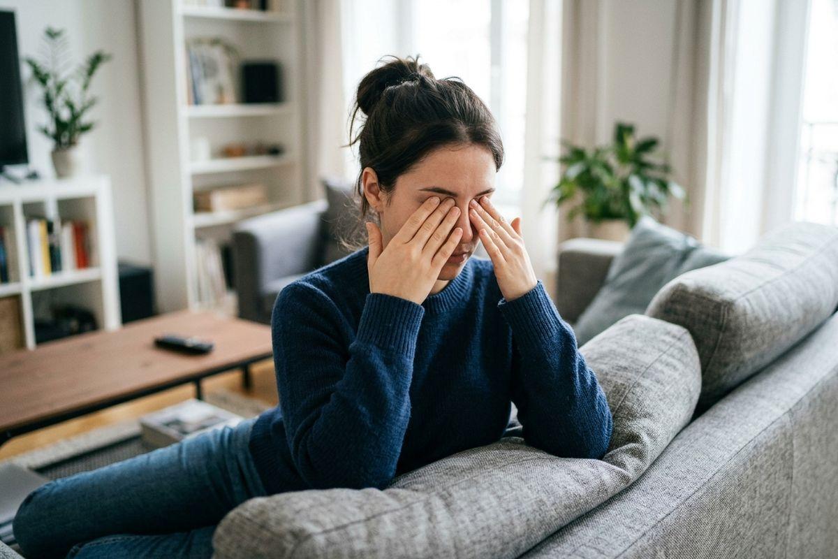 Person rubbing their eyes on a couch, showing signs of dry eyes.