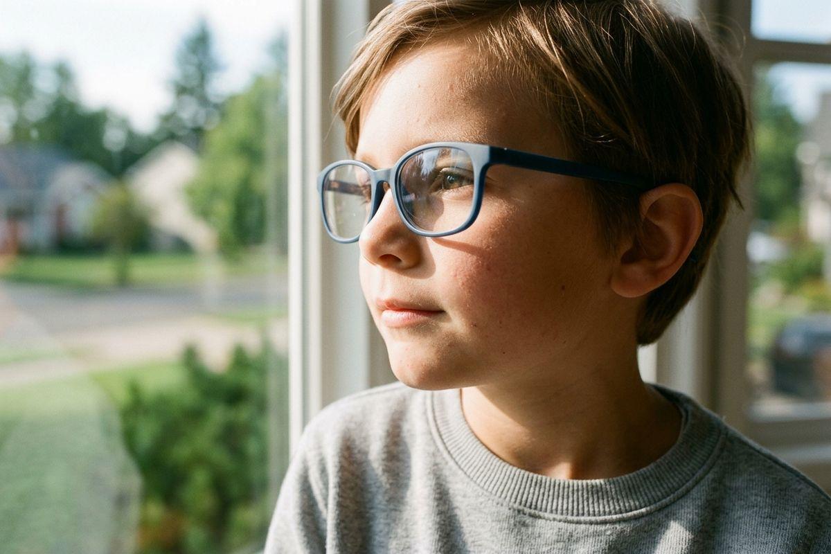 Child in glasses and gray sweatshirt gazing out a window at a sunlit neighborhood.