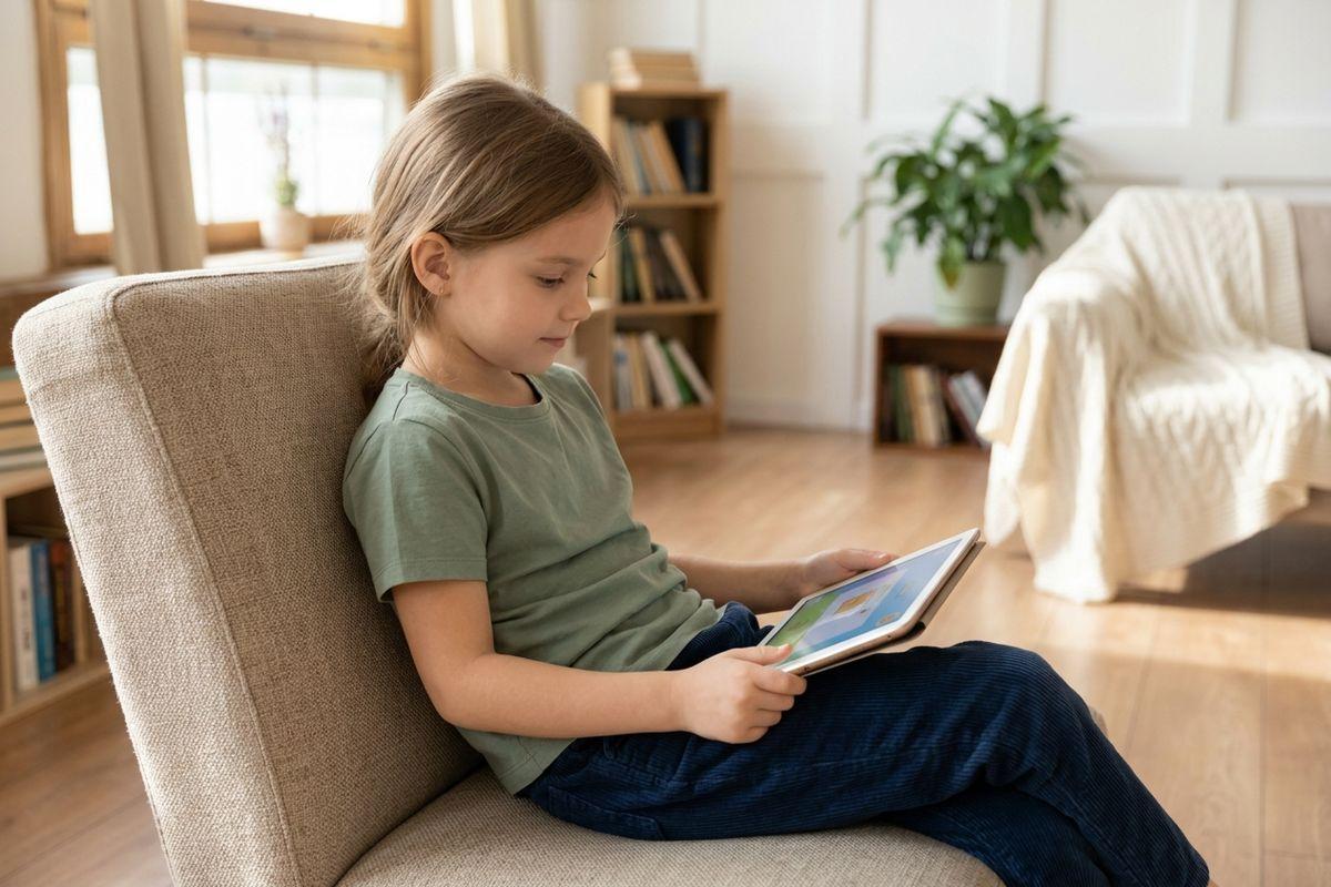 Child sitting in a beige armchair looking at a tablet in a living room with bookshelves and a plant.