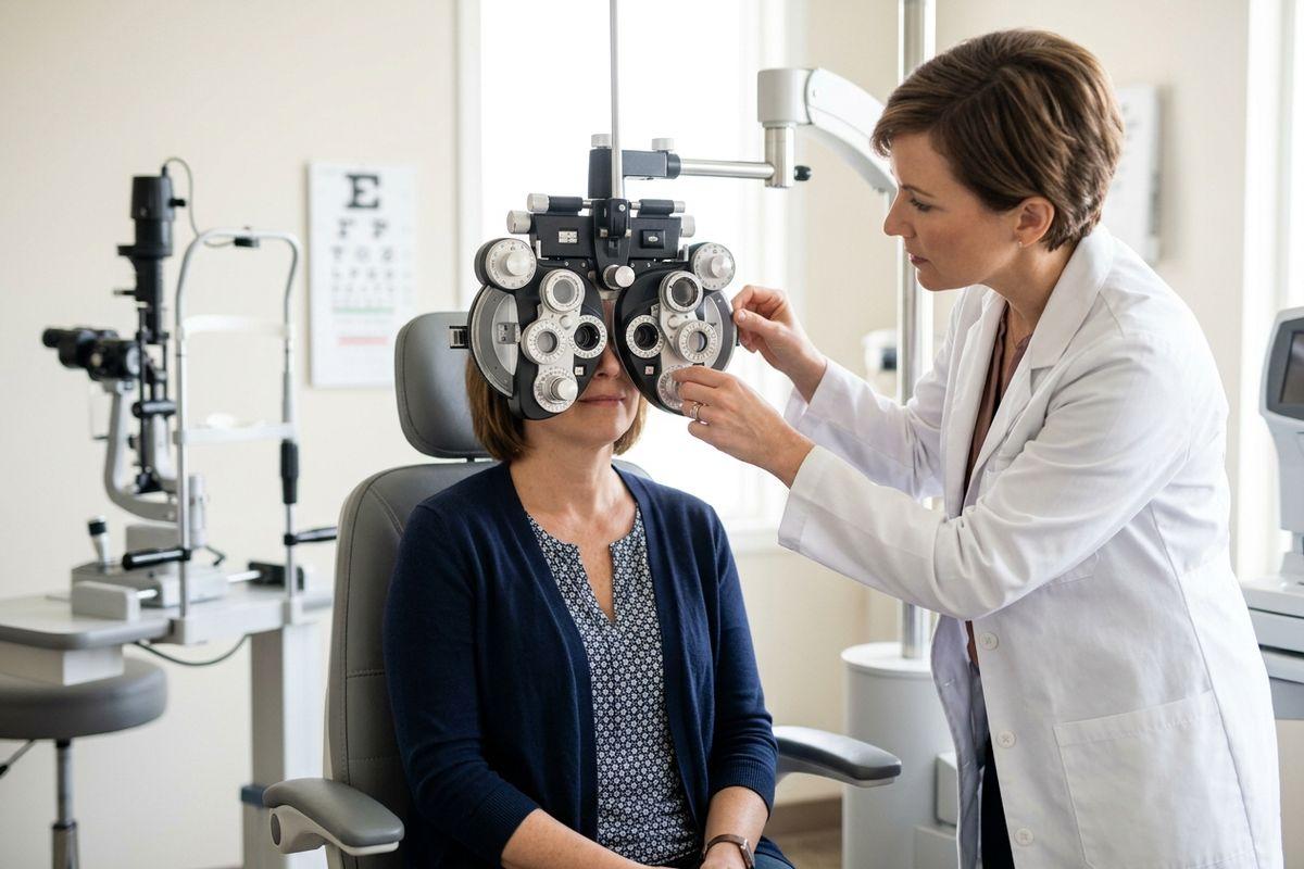 Optometrist adjusting a phoropter during an eye exam as a seated patient looks through it.