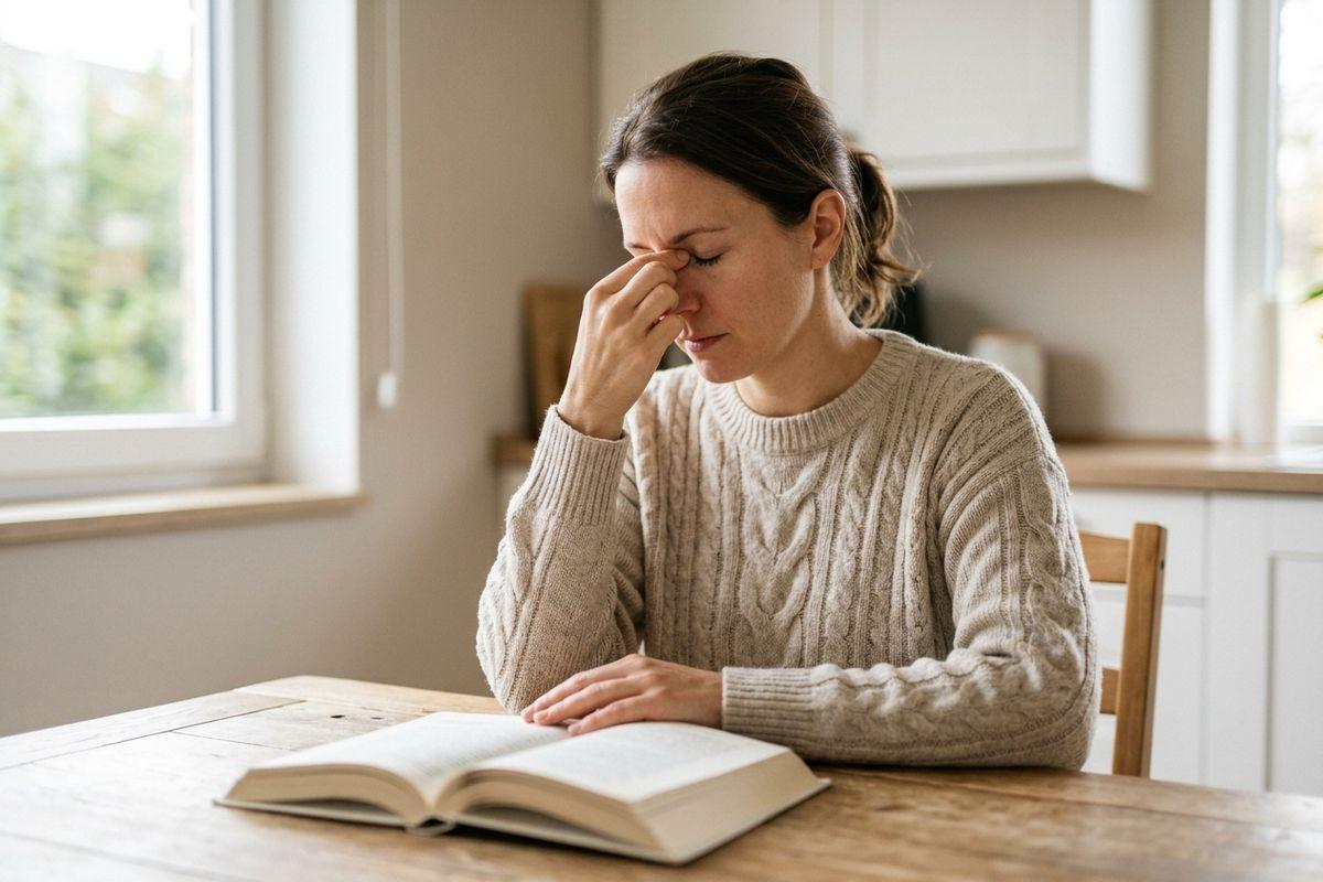Person at a wooden table with an open book, pinching the bridge of their nose with eyes closed.