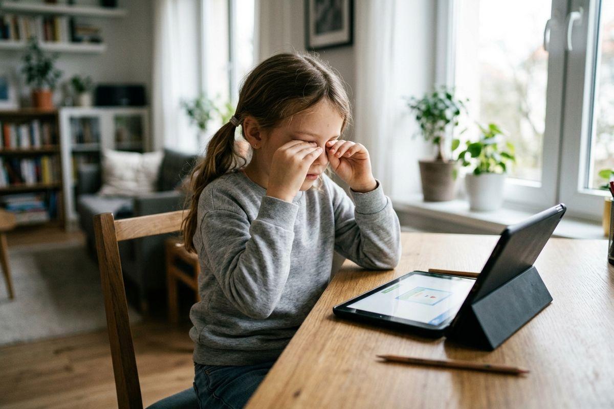 A child rubbing their eyes while sitting at a wooden table with a tablet on a stand at home.