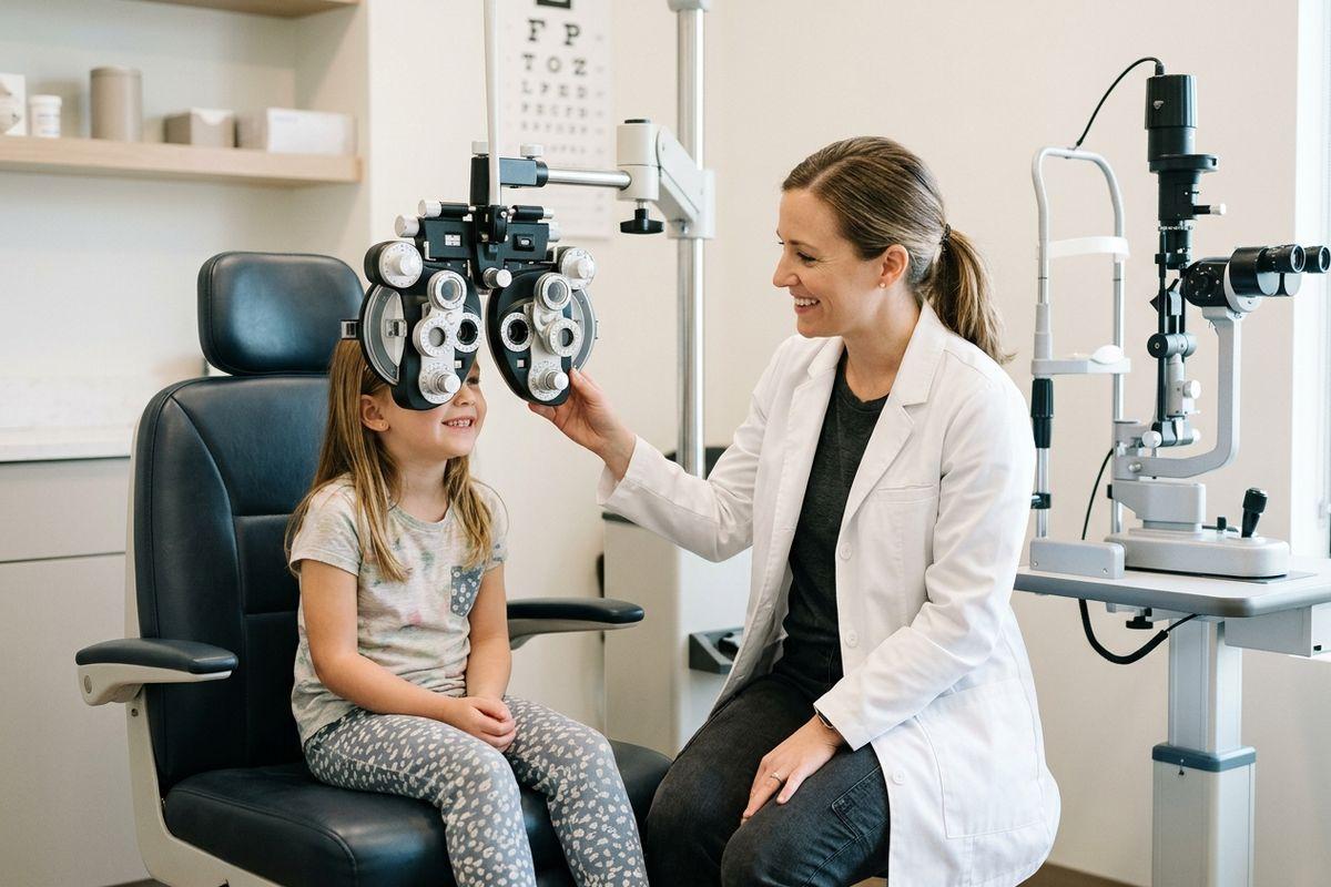 An optometrist positioning a phoropter for a smiling child during an eye exam, with an eye chart on the wall behind.