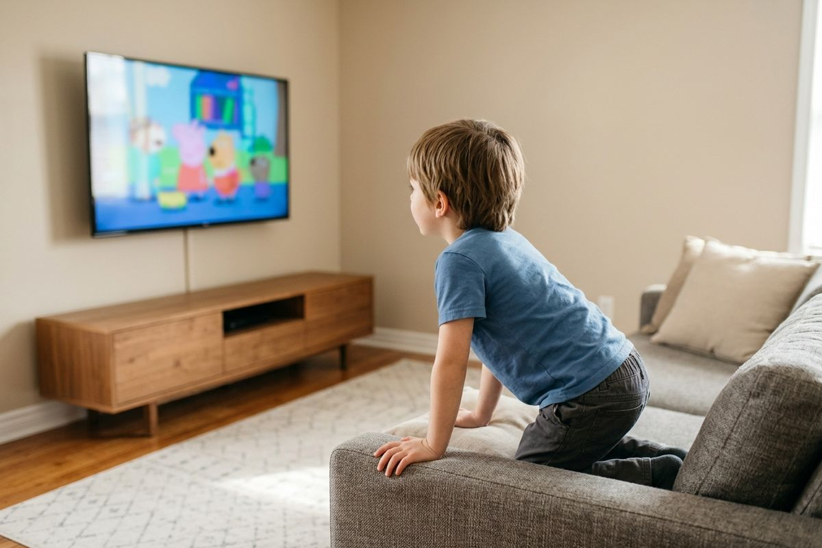 Child kneeling on a couch, watching a cartoon on a wall-mounted TV in a living room.