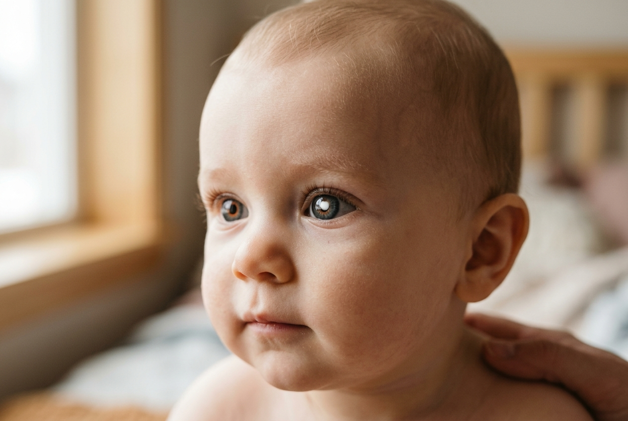 Close-up of a child looking toward a window. Another person's hand rests gently on the child's shoulder.