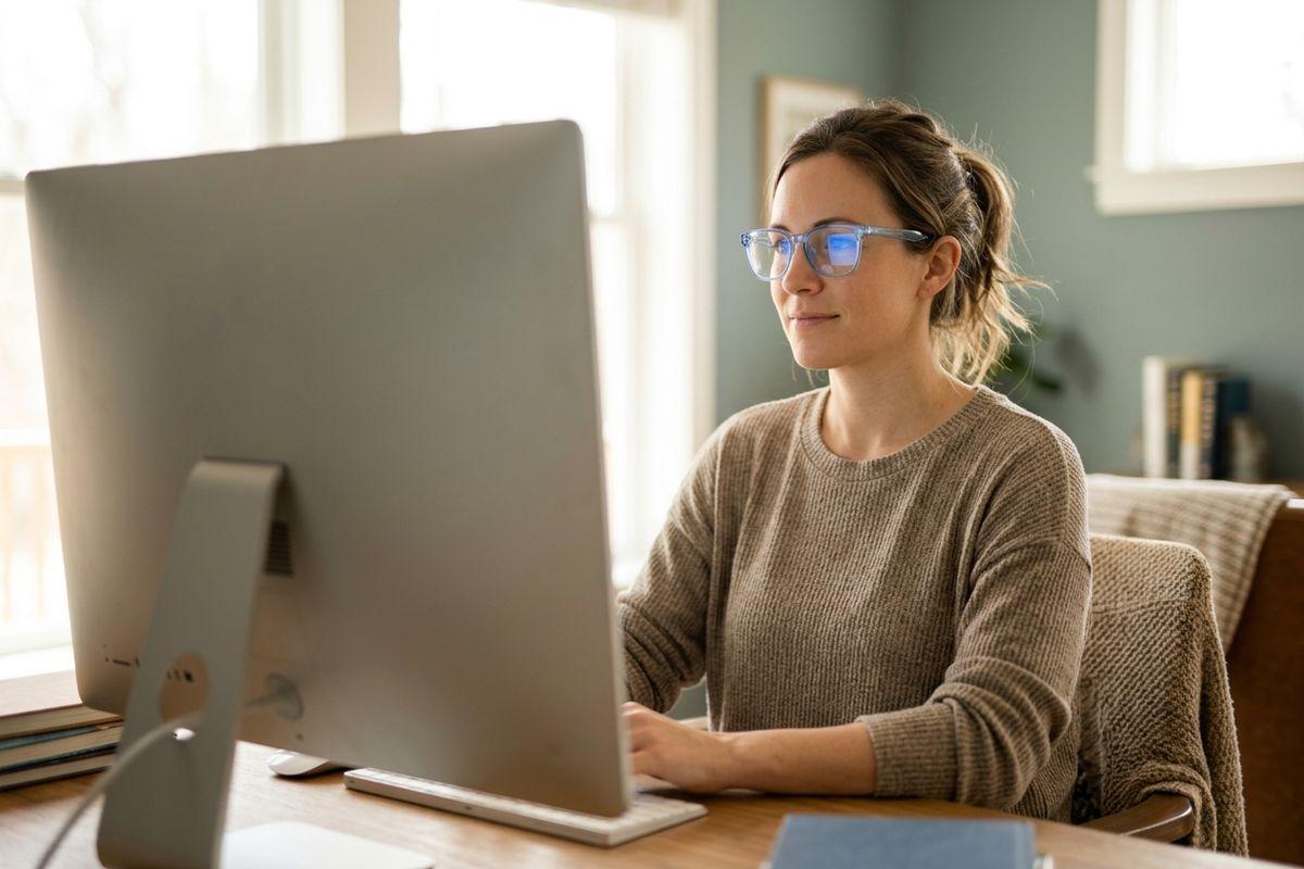 A person in glasses and a sweater working, focused on a desktop computer at a wooden desk indoors.