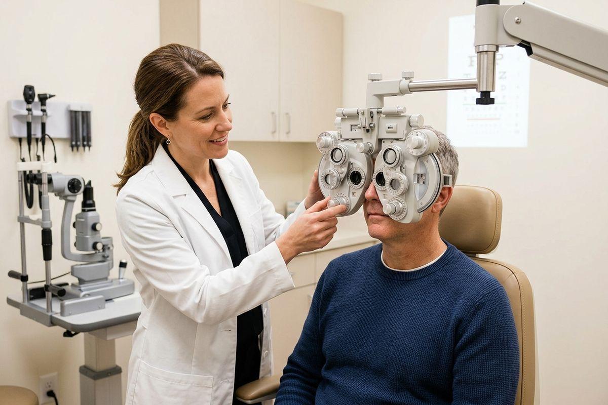An optometrist adjusting a phoropter for a patient during an eye exam, with an eye chart on the wall.