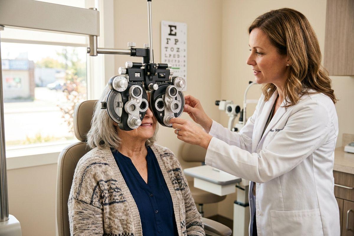 An optometrist adjusts a phoropter during an eye exam for a smiling older adult seated by a window.
