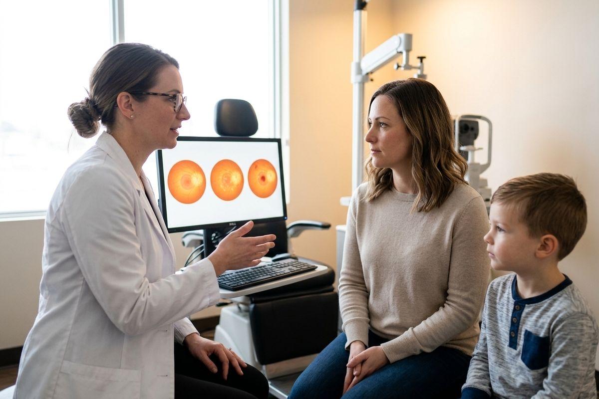 Optometrist explaining retinal scans on a screen to an adult and child seated in an eye exam room.